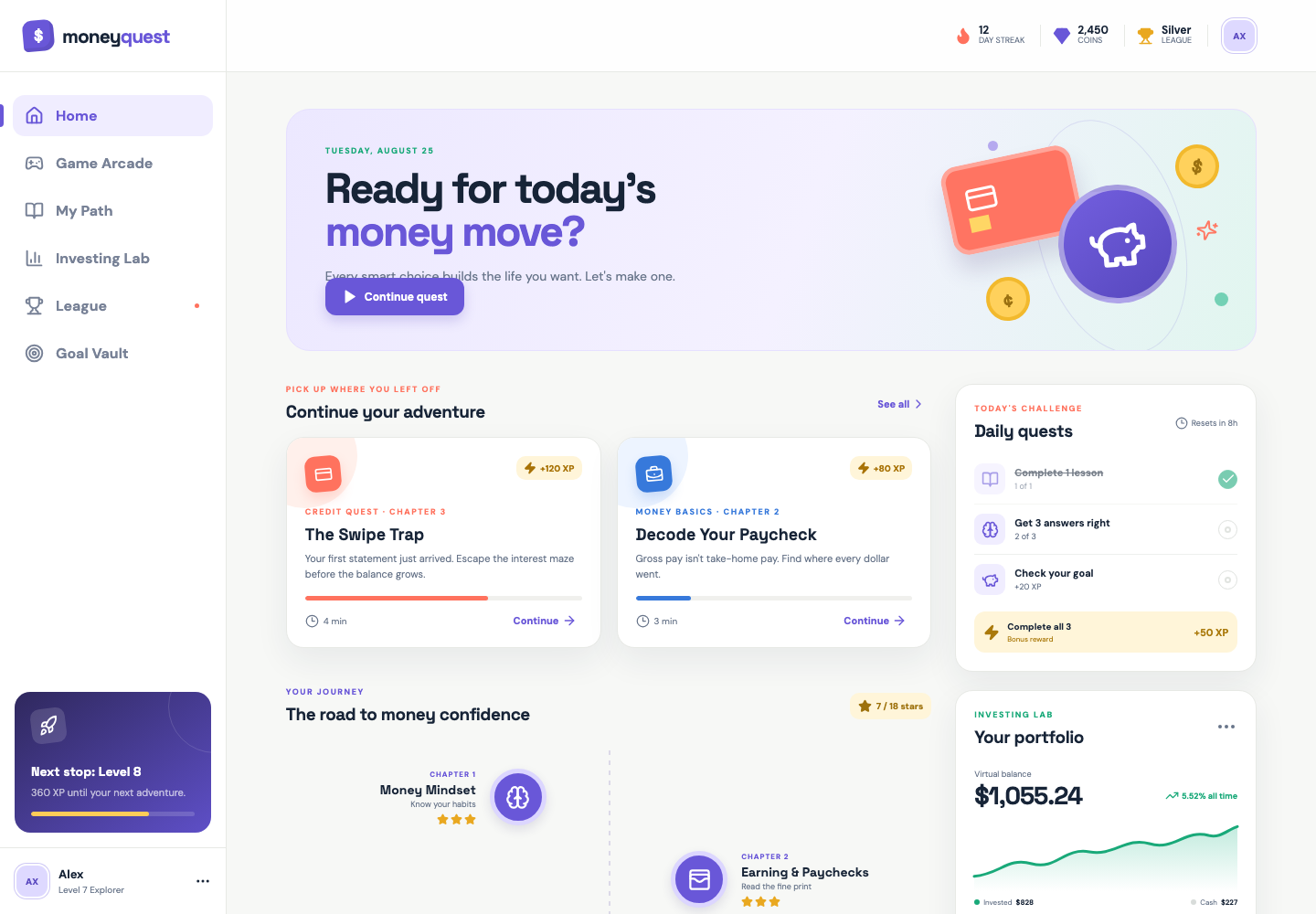 MoneyQuest learning concept with quests and a paper portfolio